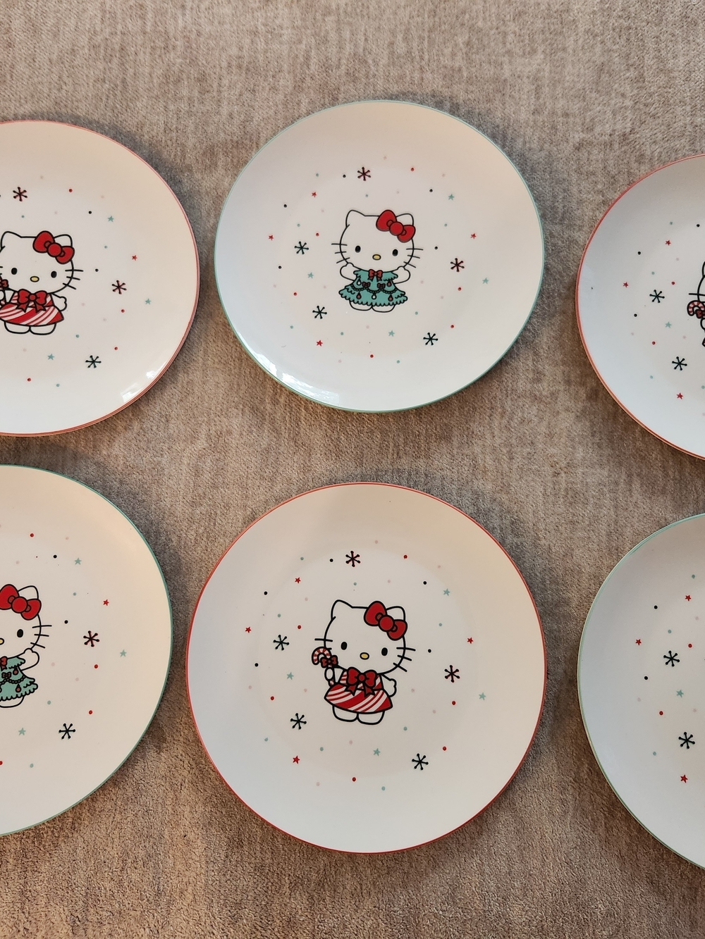 Sanrio Hello Kitty Christmas Holiday 10.5" Dinner Plates Set of 6 Candy Cane